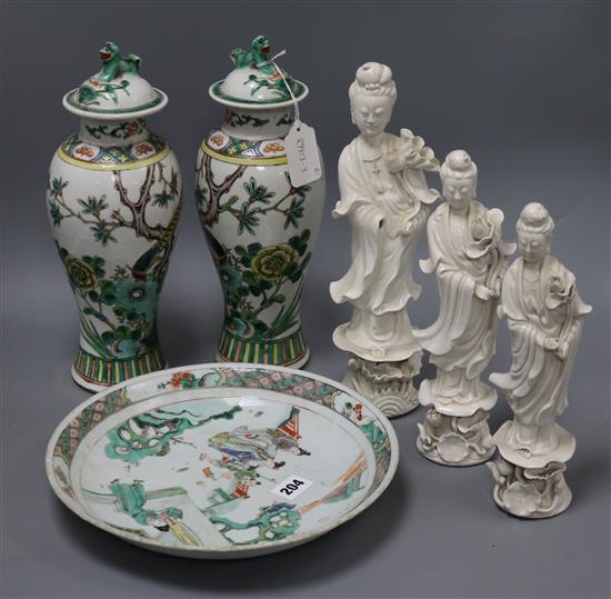 A Chinese dish and a pair vases and covers and three blanc de chine dehua vases